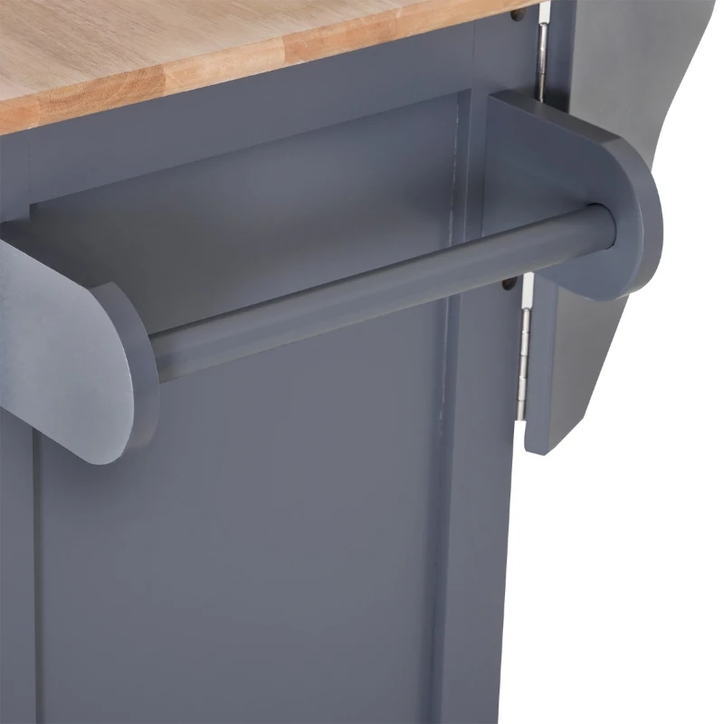 HOMCOM Rolling Kitchen Island on Wheels Ultility Cart with Drop-Leaf and Rubber Wood Countertop, Storage Drawer, Door Cabinet, Grey