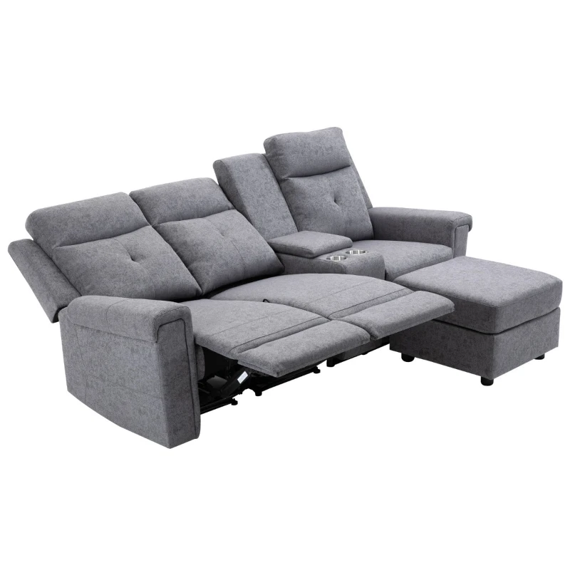 HOMCOM Modern L-Shaped Sectional with Chaise, 3 Seater Manual Recliner with Ottoman, Storage Console, Cup Holders, USB Charging, Gray