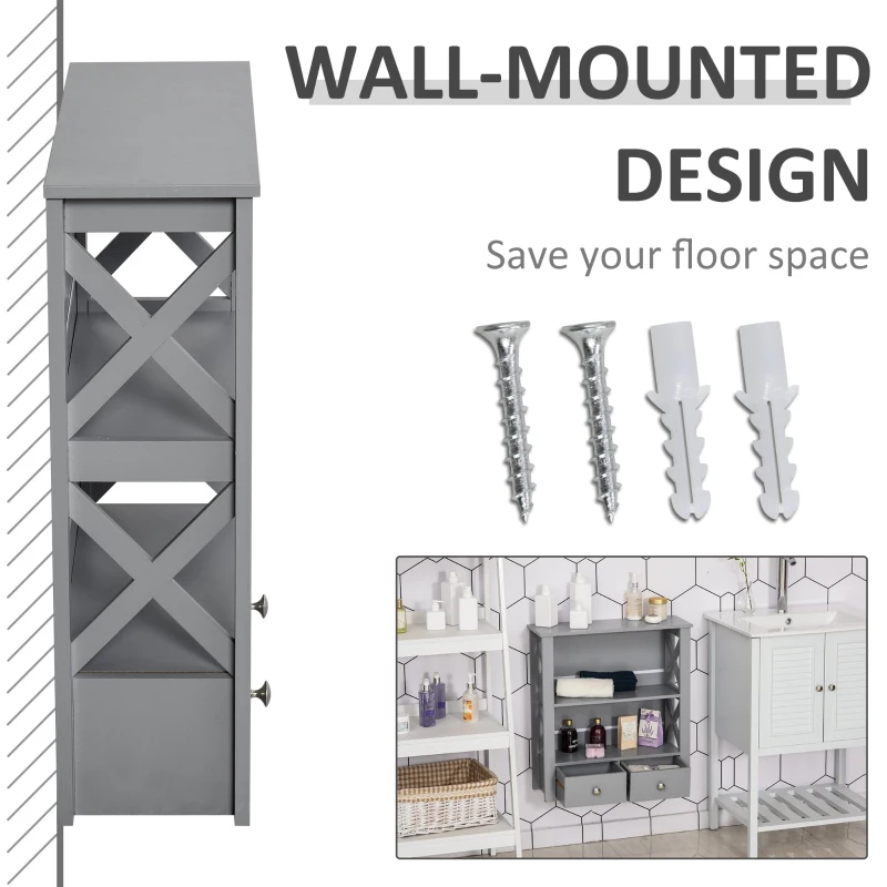 kleankin Wall Mount Bathroom Storage Rack with Open Shelves and Drawer Wooden Cabinet Organizer for Bathroom - Grey