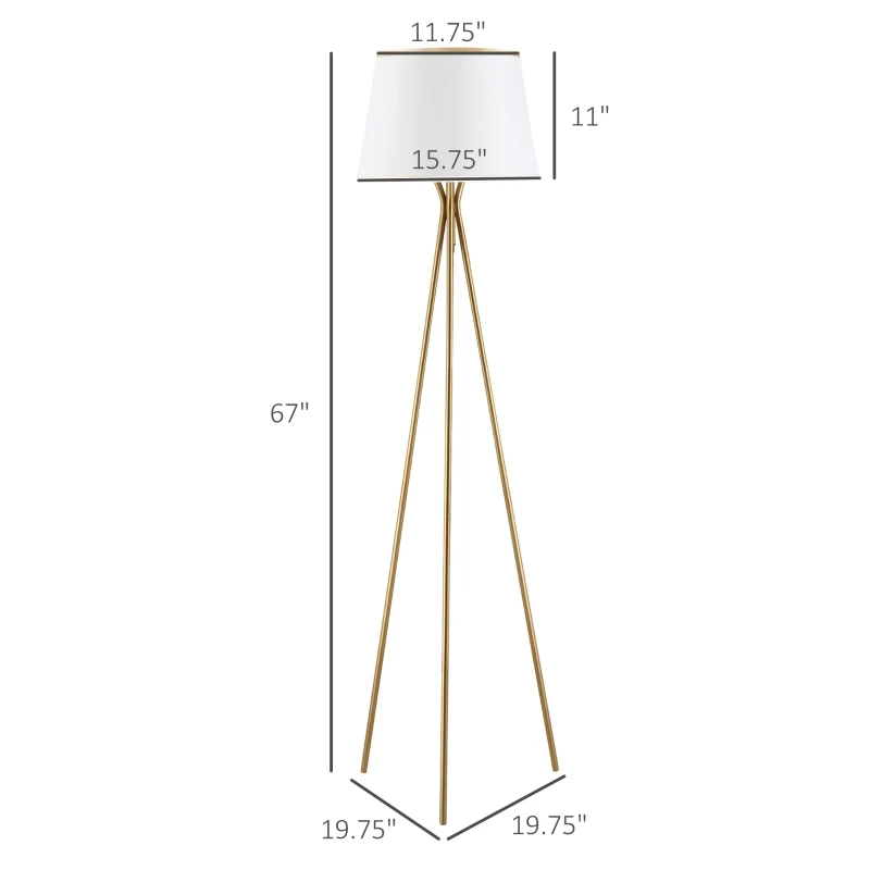 HOMCOM Modern Tripod Floor Lamp, Freestanding Lamp w/ Fabric Lampshade and E26 Base for Living Room, No Bulb - Gold