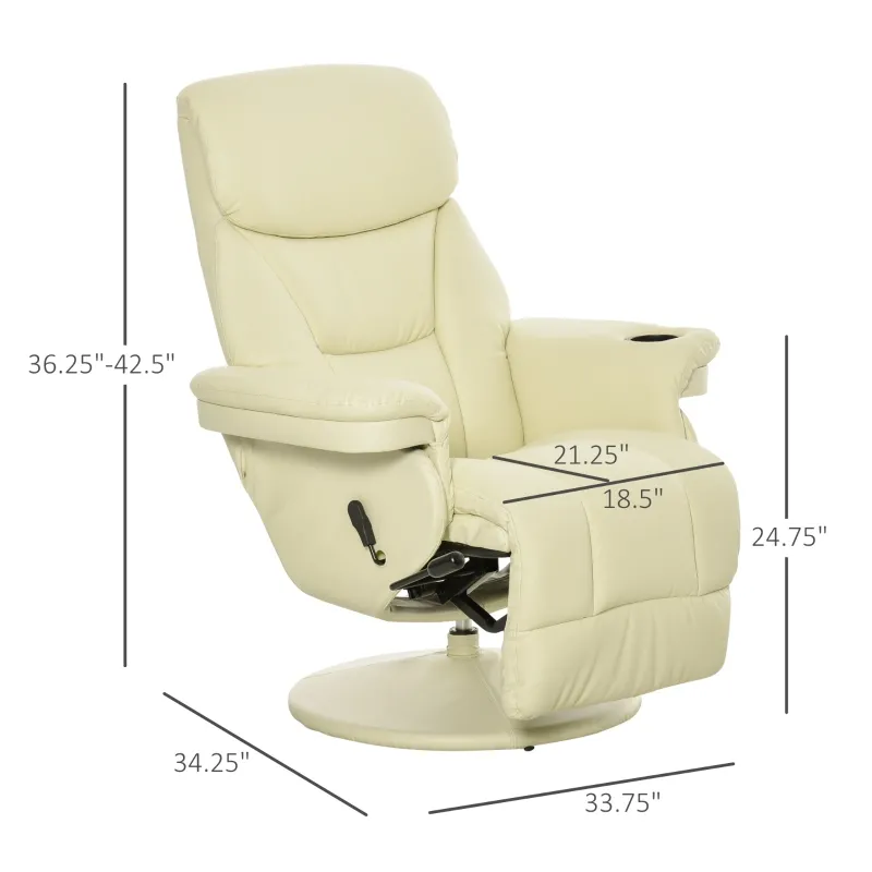 HOMCOM Manual Recliner, Swivel Lounge Armchair with Side Pocket, Footrest and Cup Holder, Cream White