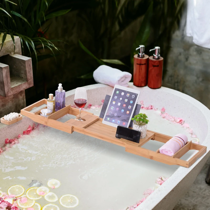 kleankin 42" Adjustable Luxury Bath Caddy Book Tablet Laptop Wine Holder Natural Bamboo Tray