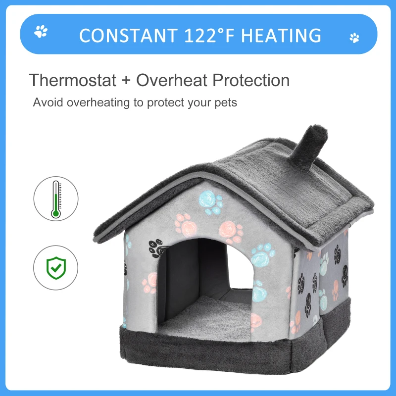 PawHut Heated Cat House Condo, Foldable Enclosed Pet House with Heating Pad for Cats or Small Dogs, Use for Indoor & Outdoor Paw Print Pattern