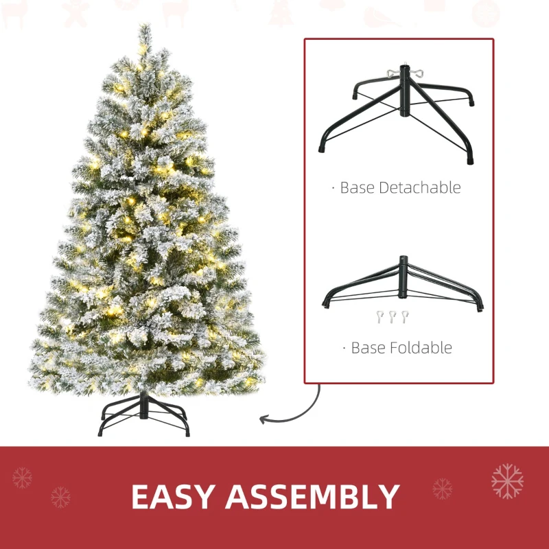HOMCOM 4.5ft Tall Pre-Lit Snow-Flocked Artificial Christmas Tree with Realistic Branches, 200 Warm White LED Lights and 400 Tips