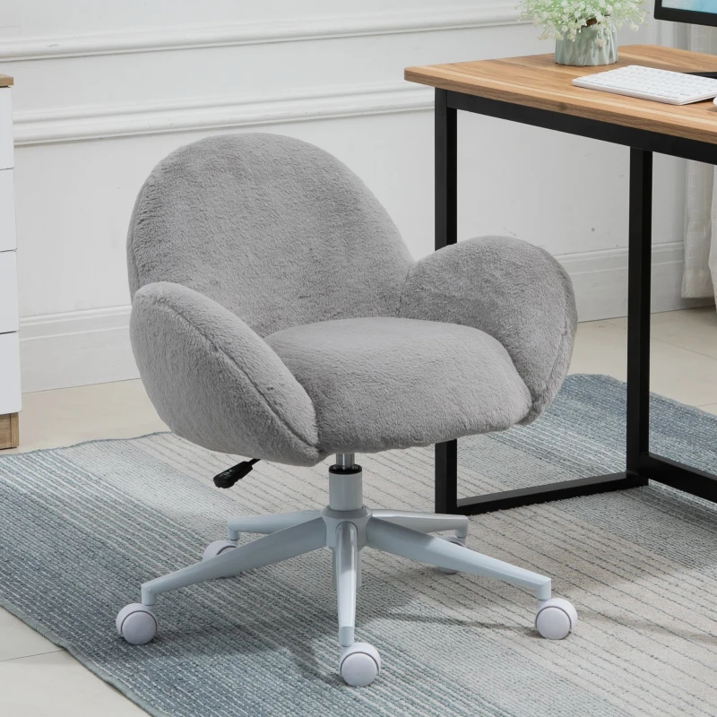 HOMCOM Faux Fur Leisure Chair Accent Chair Office Swivel Chair with Mid-Back Wide Design, Adjustable Seat Height, Steel Base, Wheels, Grey