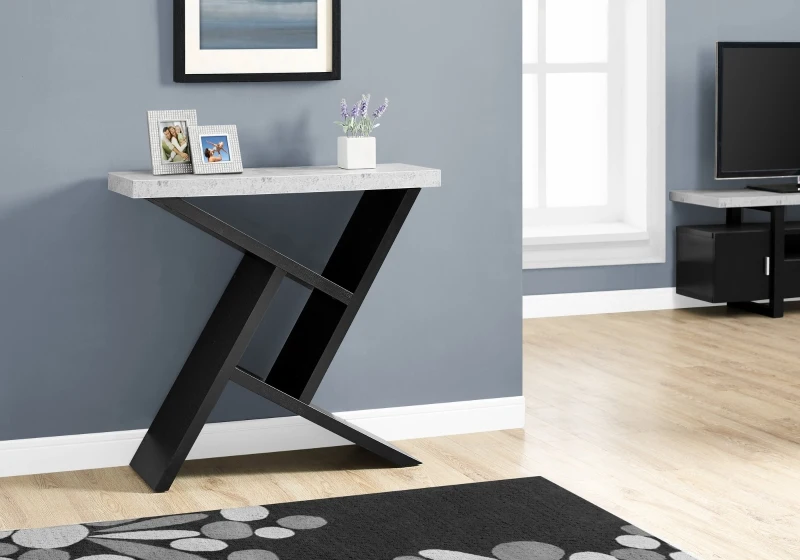 Monarch 36" Architectural Modern Cement-Look Top Angular Storage Base Accent Console Table - Black Finish