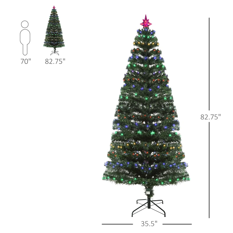 HOMCOM 7FT Pre-Lit Fiber Optic Arfiticial Christmas Tree with Star Tree Topper, Solid Metal Base, 280 Branch Tips, 6 Color LED Lights for Home and Holiday Decoration