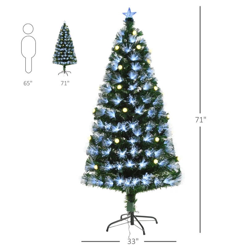 HOMCOM 6ft Tall Pre-Lit Douglas Fir Artificial Christmas Tree with Fiber Optic Ball LED Lights and 230 Tips, Green