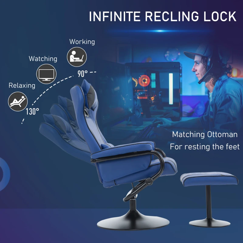 Vinsetto High Back Video Gaming Recliner with Ottoman, Racing Style PC Computer Office Chair, Swivel with Headrest & Lumbar Support, Adjustable Height, Blue/Black