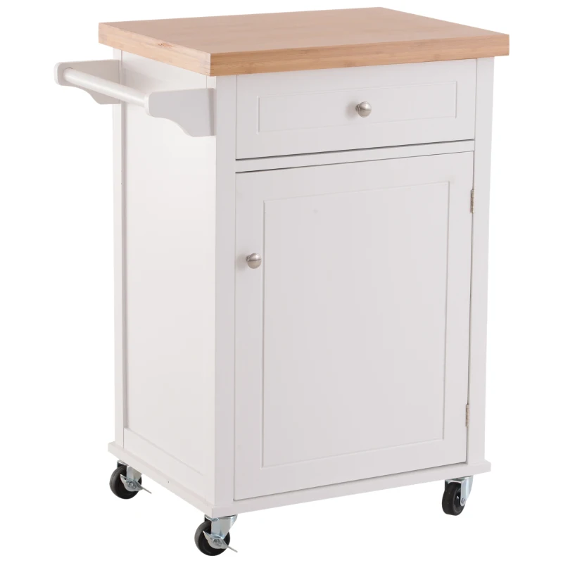 Open Box HOMCOM 27.5" Pine Wood Bamboo Portable Rolling Kitchen Island Cart with Wheels - White
