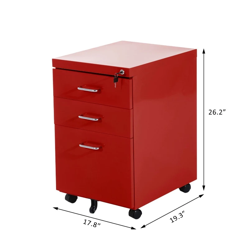 HOMCOM Rolling Filing Steel Cabinet Chest Organizer Cupboard Home Office Furniture with 3 Drawers and LOCK (Red)