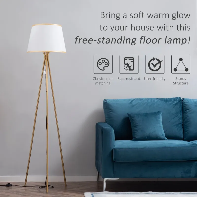 HOMCOM Modern Tripod Floor Lamp, Freestanding Lamp w/ Fabric Lampshade and E26 Base for Living Room, No Bulb - Gold