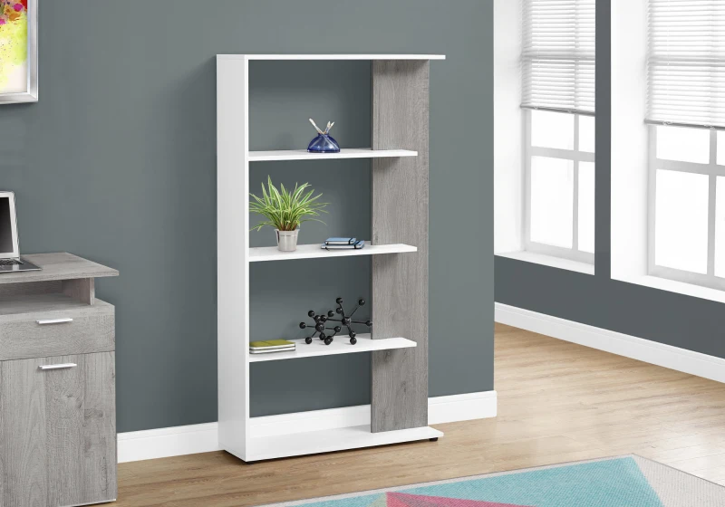Monarch 56" Contemporary Reclaimed Wood-look 4-Shelf Adjustable Bookshelf - White