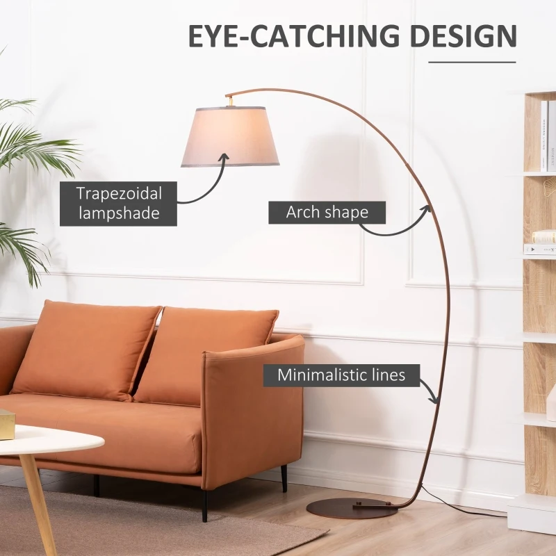 HOMCOM Arched Floor Lamp, Modern Standing Lamp with Foot Switch & Metal Base, Corner Reading Lamps Tall Pole Light for Office Bedroom Living Room, Grey