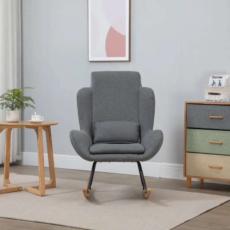 HOMCOM Modern Rocking Chair with Removable Lumbar Pillow Fabric Sofa Armchair with Thick Padding, Metal Frame, Wood Base for Living Room, Light Gray