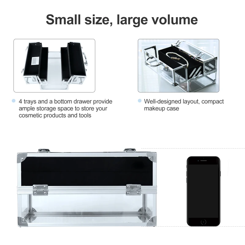 HOMCOM Portable Makeup Case Train Case Lockable Aluminum w/ 4 Trays & Bottom Drawer Sliver
