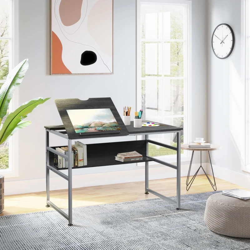 HOMCOM Drafting Table, Adjustable Drawing Desk, Multifunctional Writing Desk with 15-Level Tiltable Tabletop and Storage Shelf for Home Office, Black