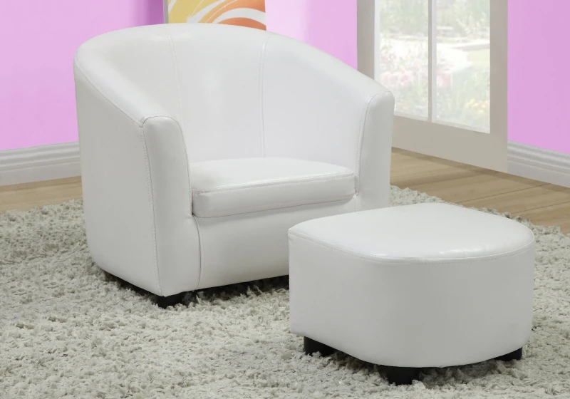 Monarch Kids' Upholstered Leather-Look Barrel Club Chair with Matching Ottoman - White