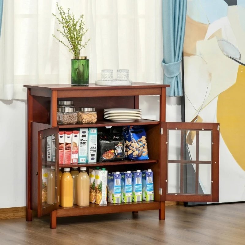 HOMCOM Kitchen Sideboard, Storage Buffet Cabinet with Open Shelf, Glass Door Cabinet and Adjustable Shelf for Living Room, Cherry