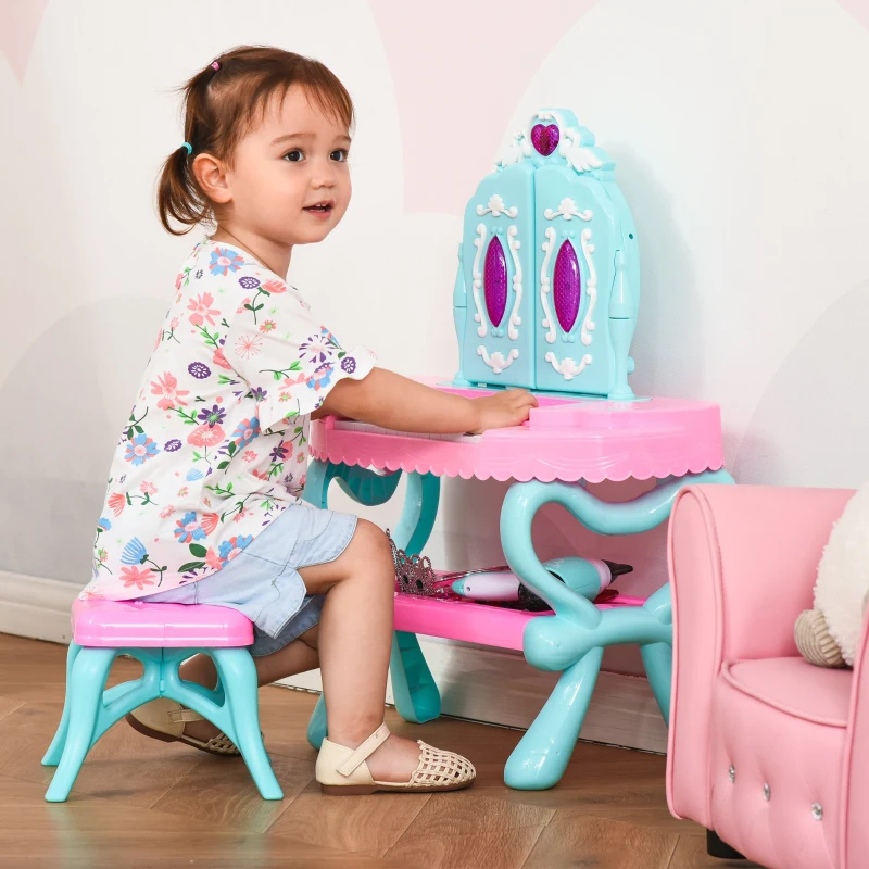Qaba 2 In 1 Musical Piano Kids Dressing Table Set, 32 PCS Vanity Make Up Desk, Children Pretend Toy, with Beauty Kit, Mirror, Stool, Light, for 3-6 Years Old, Pink, Blue