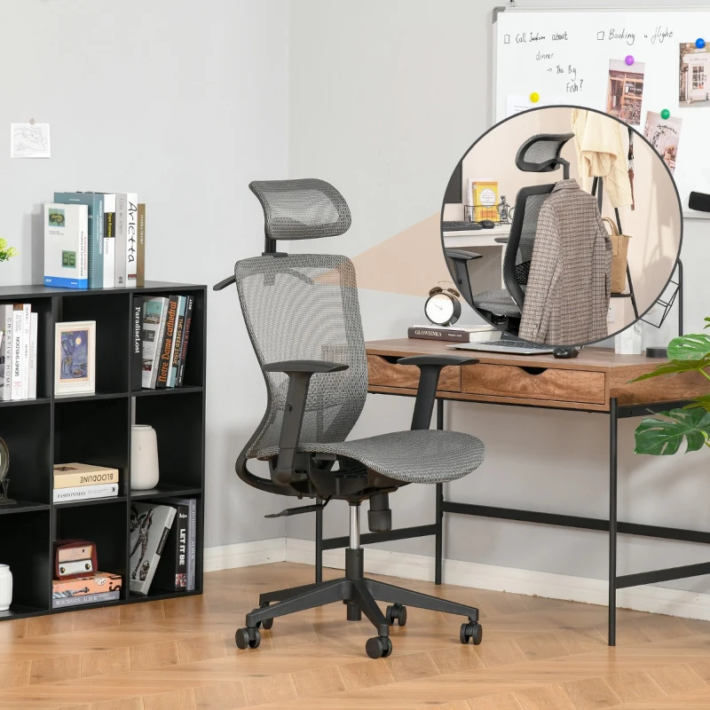Vinsetto High-Back Mesh Home Office Chair with Coat Hanger, Computer Task Chair with Adjustable Height, Arms, Headrest and Lumbar Support, 360° Wheels and Seat, Reclining Function, Grey
