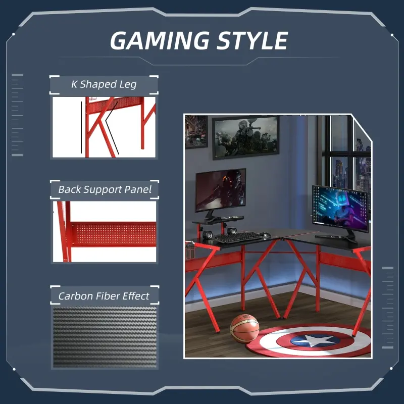 HOMCOM L-Shaped Gaming Desk, Corner Computer Desk, Gaming Table with Carbon Fiber Desktop, Adjustable Monitor Stand, Cup Holder, Headphone Hook and K Frame, Red/Black