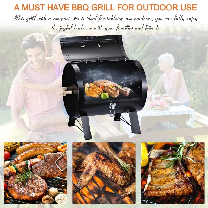 Outsunny 20" Charcoal Barbecue Grill with Wooden Handle Portable Outdoor Camping Charcoal Barbecue Grill Improved Air Circulation