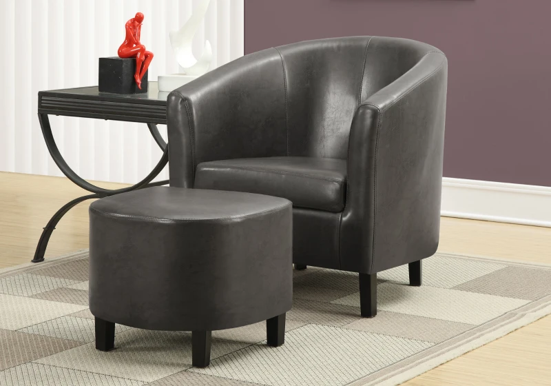 Monarch Modern Upholstered Leather-Look Curved Back Barrel Tub Chair with Matching Ottoman - Charcoal Grey