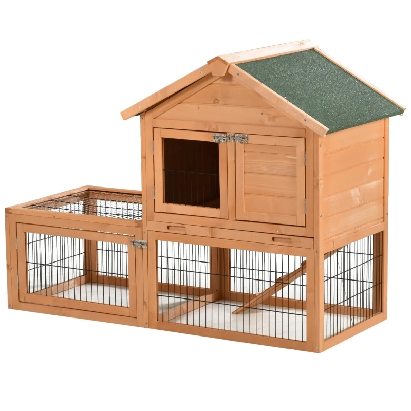PawHut 53" Wooden Rabbit Hutch Bunny House Poultry Cage With Outdoor Run, Removable Tray, Ramp and Weatherproof Roof