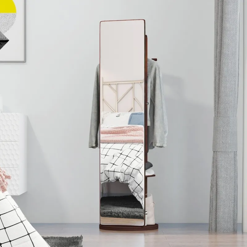 HOMCOM Full Length Glass Mirror with Hidden Jewelry Cabinet and Pine Wood Clothing Rack, Coffee Brown