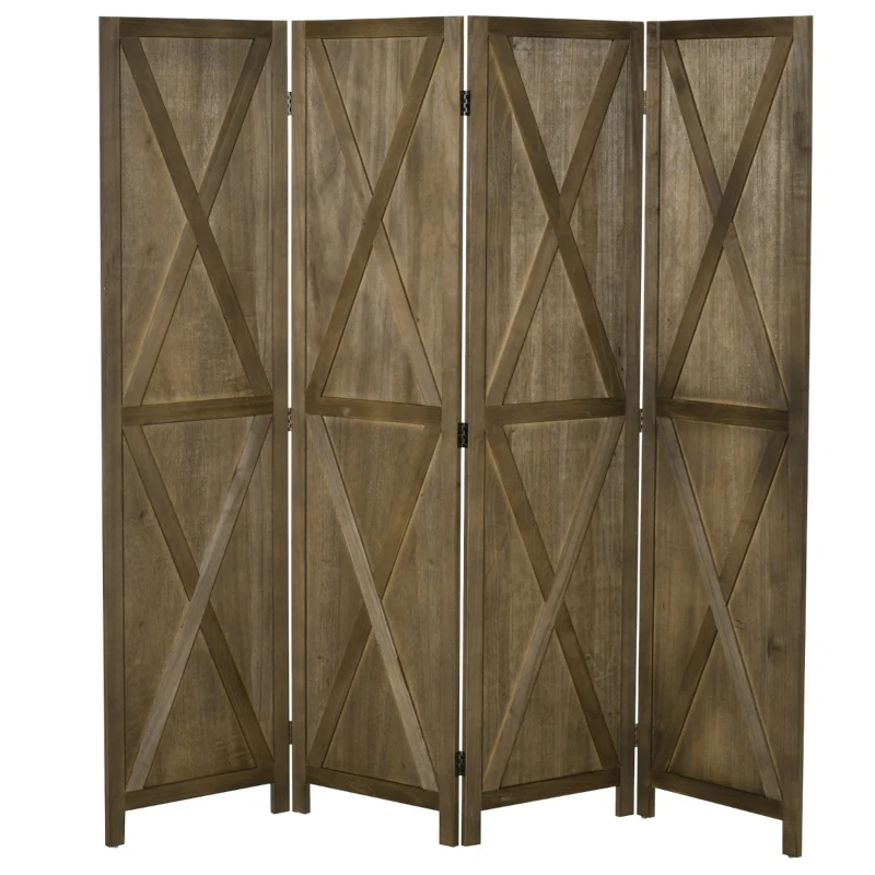 HOMCOM 4 Panel Folding Room Divider, 5.5ft Tall Freestanding Paulownia Wood Wall Divider Panels for Indoor Bedroom Office, Brown