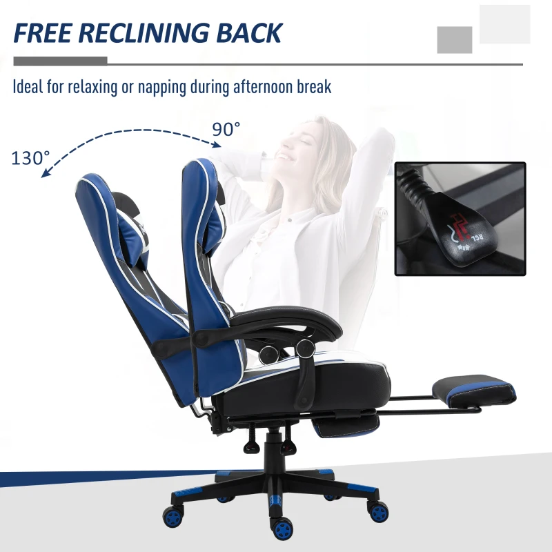 Vinsetto High Back Gaming Chair, Racing Style Ergonomic Computer Desk Chair with Adjustable Height, Retractable Footrest, Headrest and Lumbar Support, Blue