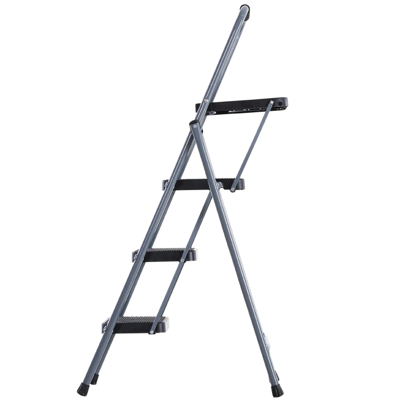 HOMCOM Foldable 3-Step Steel Ladder with Tool Tray  Handgrip  Anti-Slip Pads Grey and Black