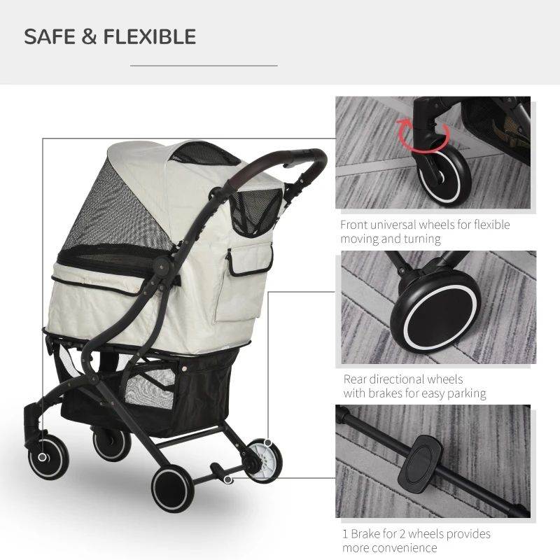 PawHut Travel Pet Stroller for Dogs, Cats, One-Click Fold Jogger Pushchair with Aluminum Frame, EVA Wheels, Brakes, Basket Storage, Safety Belts, Adjustable Canopy, Zippered Mesh Window Door, Beige