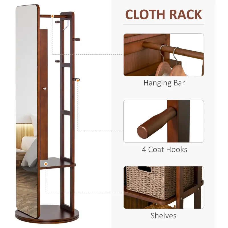 HOMCOM Full Length Glass Mirror with Hidden Jewelry Cabinet and Pine Wood Clothing Rack, Coffee Brown