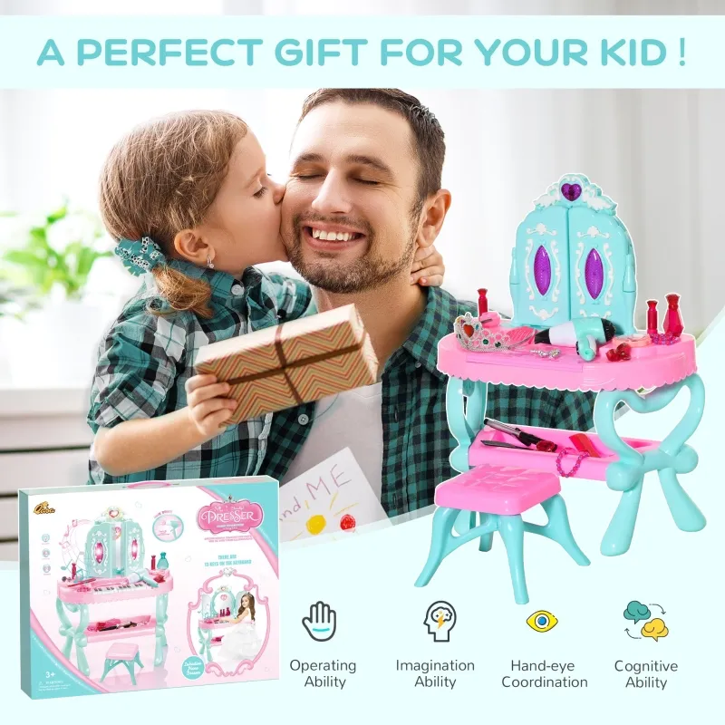 Qaba 2 In 1 Musical Piano Kids Dressing Table Set, 32 PCS Vanity Make Up Desk, Children Pretend Toy, with Beauty Kit, Mirror, Stool, Light, for 3-6 Years Old, Pink, Blue