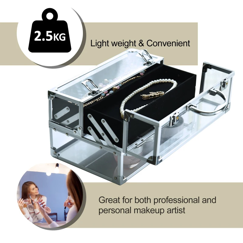 HOMCOM Portable Makeup Case Train Case Lockable Aluminum w/ 4 Trays & Bottom Drawer Sliver