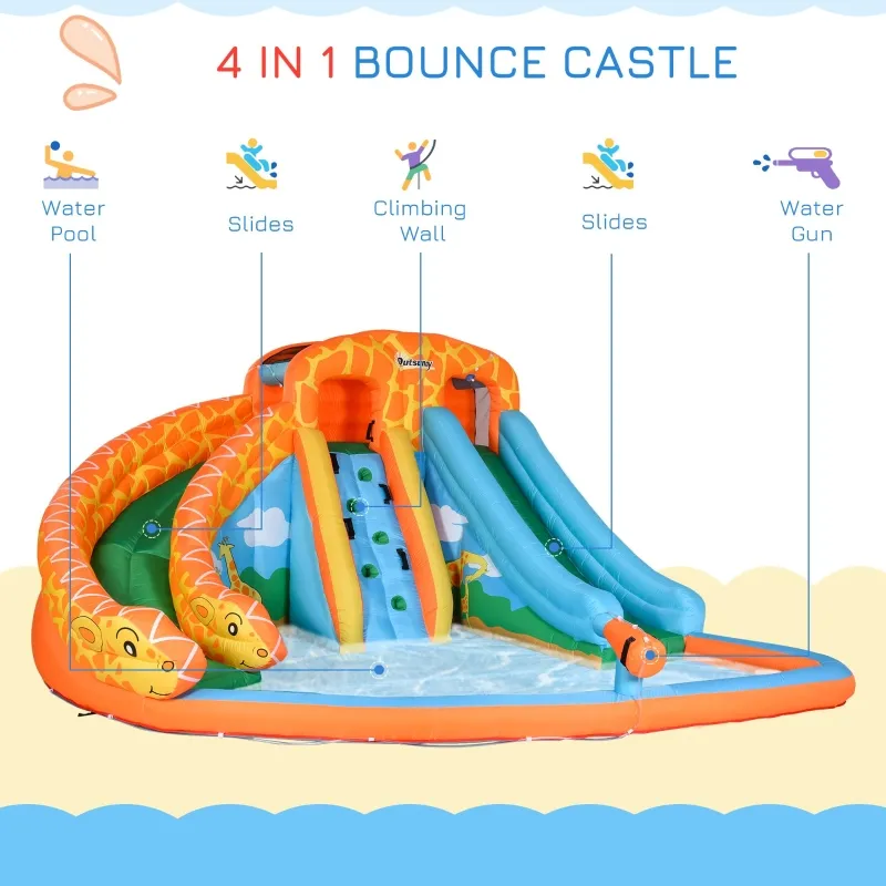 Outsunny Giraffe Style Kids Inflatable Water Slide 4 in 1 Bounce House Slide Pool Gun Climbing Wall with 750W Air Blower for Summer Playland