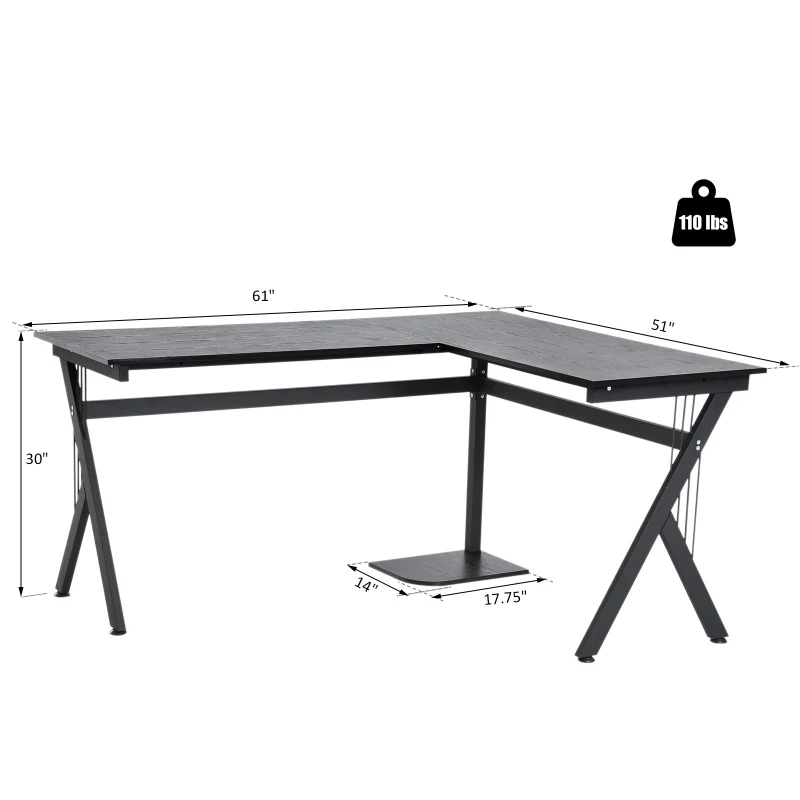 HOMCOM 61" L-Shaped Corner Computer Desk Laptop Workstation PC Table Home Office With CPU Stand Black