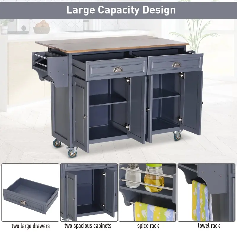 HOMCOM Rolling Kitchen Island on Wheels Ultility Cart with Drop-Leaf and Rubber Wood Countertop, Storage Drawer, Door Cabinet, Grey