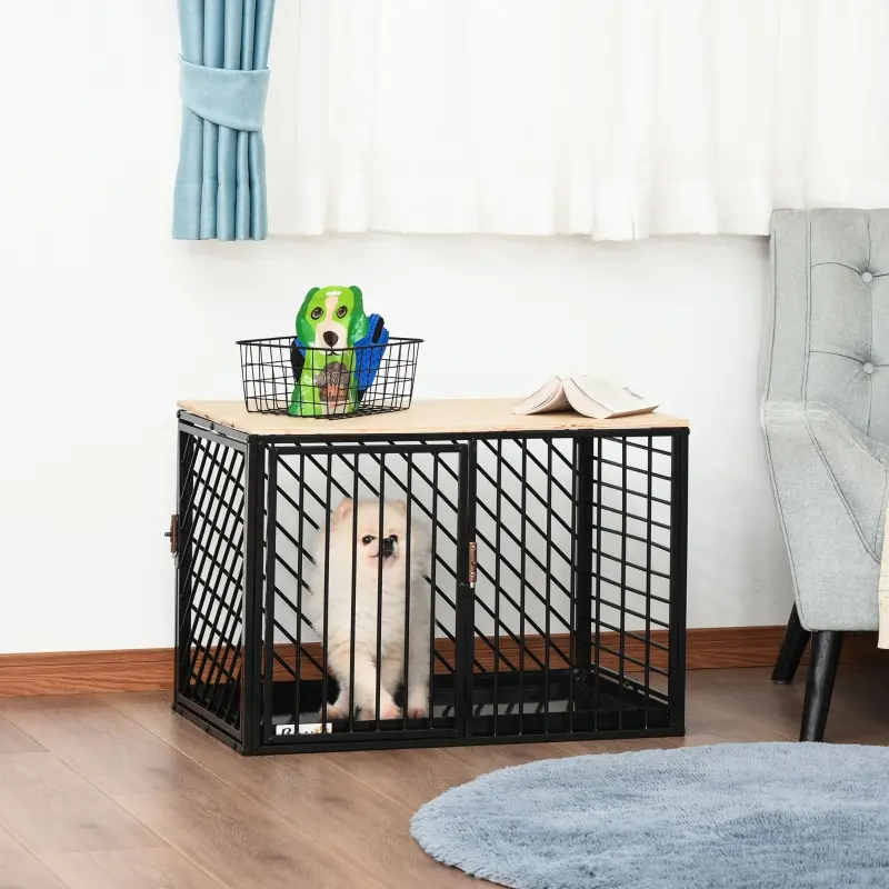 PawHut Furniture Style Dog Crate End Table w/ Cleaning Tray, Steel Dog Cage Kennel for Small Medium Pet Indoor Use Black