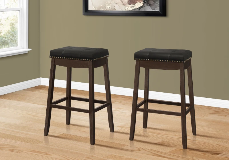 Monarch 2pc Traditional Bar-Height Padded Seat with Tufted Black Leather-Look Upholstery and Nailhead Trim - Espresso