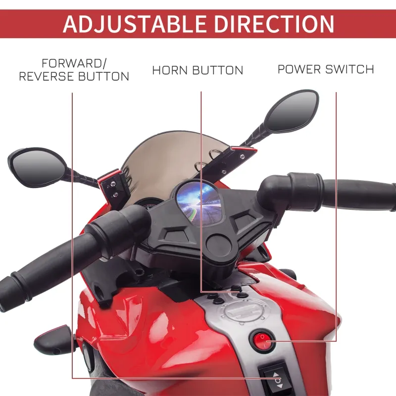 Aosom 6V Kids Motorcycle Dirt Bike Electric Battery-Powered Ride-On Toy Off-road Street Bike for Children with Rechargeable Battery, Pedal, Horn, Headlights, and Training Wheels for Balance Red