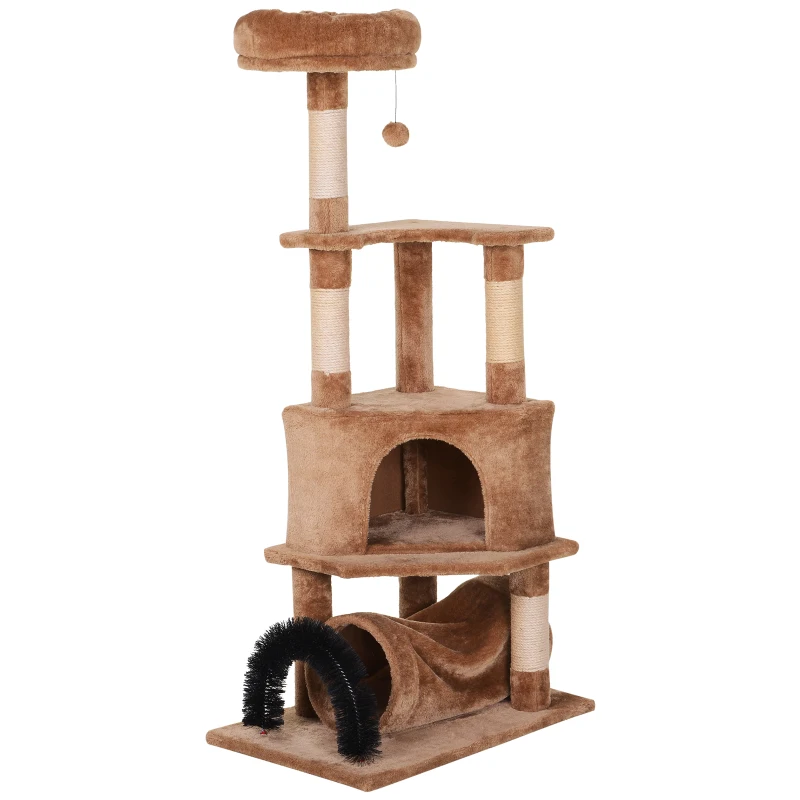 PawHut Cat Tree Tower with Natural Seaweed Scratch Posts Plush Perch  Ladder  Teasing Toy Ball and Fur Brush