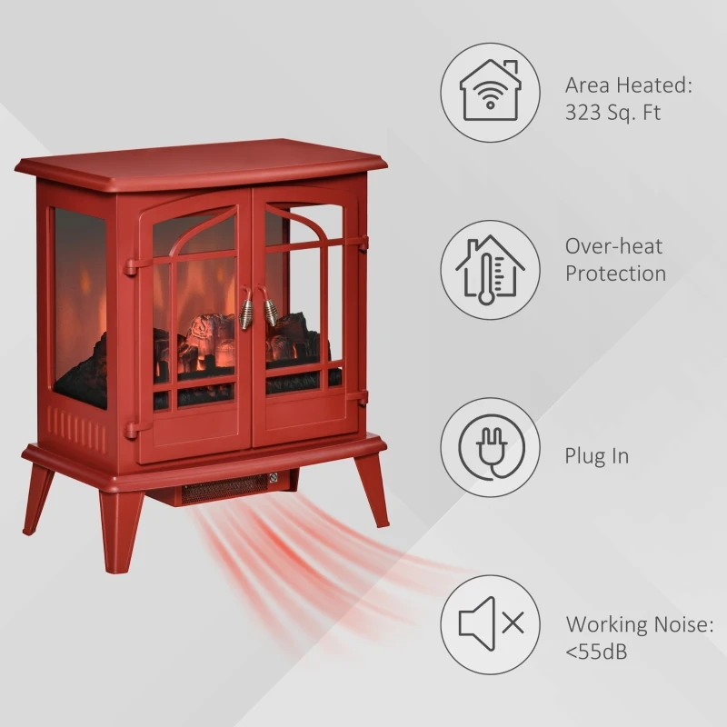 HOMCOM Electric Fireplace Heater, Freestanding Fireplace Stove with Realistic LED Log Flames and Overheating Safety Protection, 1400W, Red