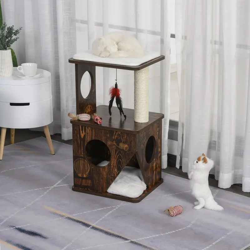 PawHut 2-Level Cat Tree Wooden Activity Tower for Pets with Super Soft Cushions, Fun Cat Feather Rope, and Scratch Posts