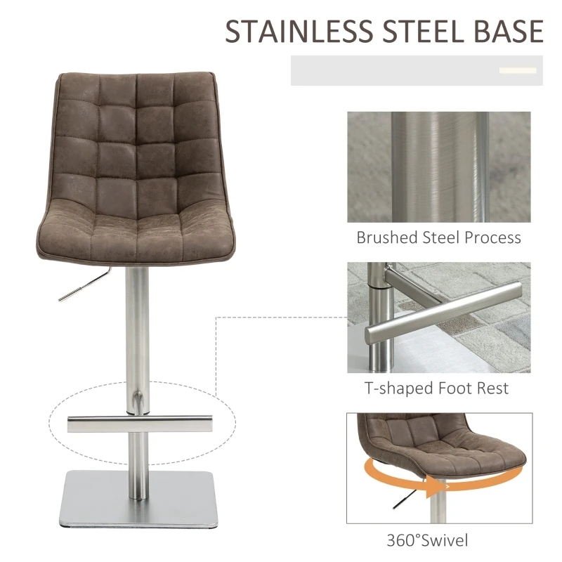 HOMCOM Vintage PU Leather Bar Stool with Stainless Steel Base, Adjustable Counter Height Bar Chair Swivel Barstool with Back, Footrest, Brown