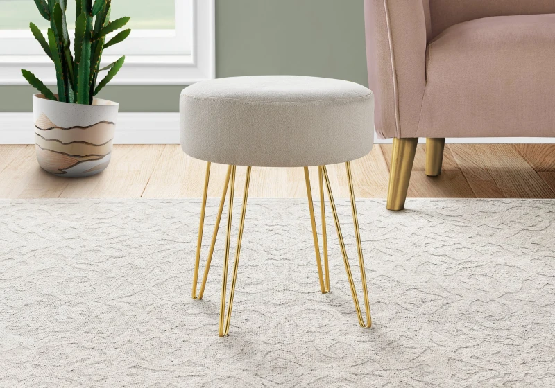 Monarch Upholstered Ottoman Stool with Tall Slim Hairpin Legs - Beige / Gold Metal