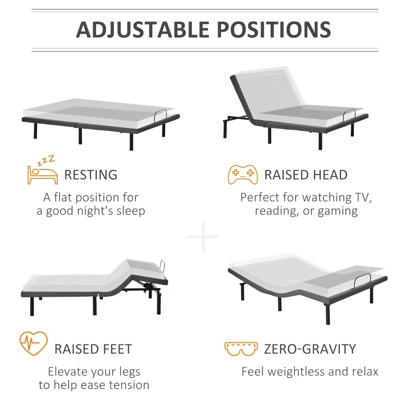 HOMCOM Queen Adjustable Bed Frame, Ergonomic Zero Gravity Power Bed Base with Head and Foot Incline, Memory, and Wireless Remote, Grey