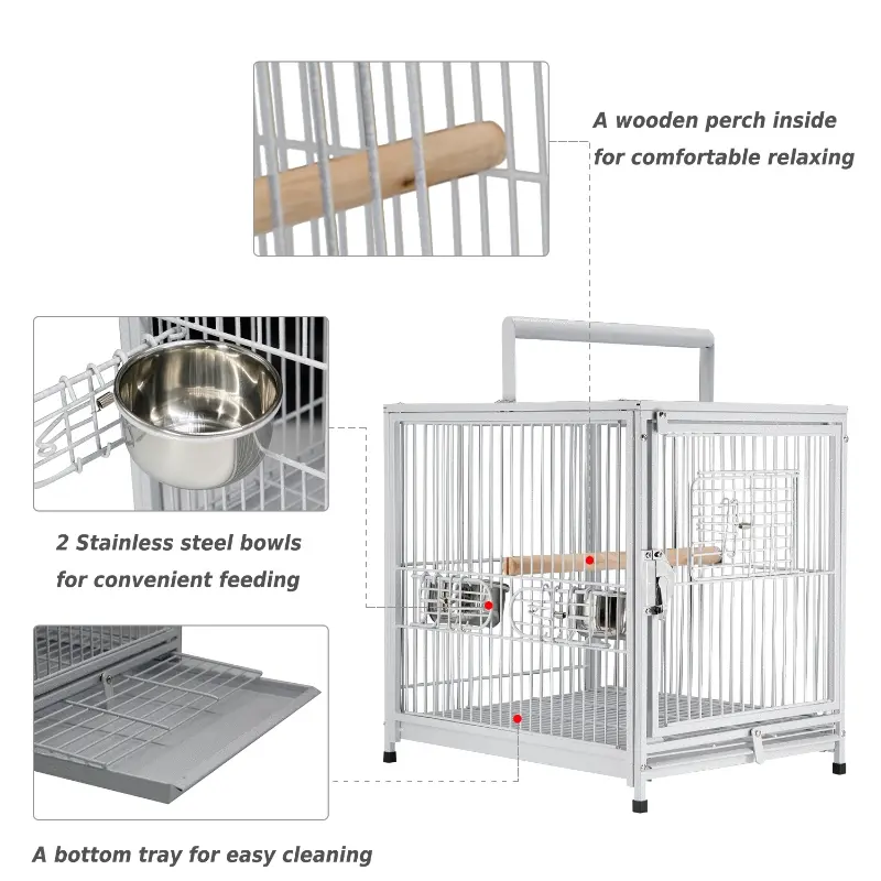 PawHut 18" Heavy Duty Wrought Iron Travel Bird Cage Carrier With Handle Perch And Accessories - White